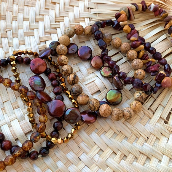 Natural Dark Red Garnet & Gold Jasper Mookaite Mix Gemstone Bead Bracelet Stack - Picture 8 of 11